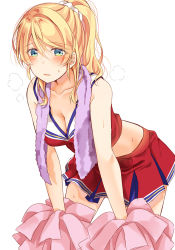 Rule 34 | 10s, 1girl, ayase eli, bent over, blonde hair, blue eyes, blush, breasts, breath, cheerleader, cleavage, commentary request, crop top, hair between eyes, highres, leaning forward, long hair, looking at viewer, love live!, love live! school idol festival, love live! school idol project, medium breasts, midriff peek, miniskirt, mogu (au1127), open mouth, pleated skirt, pom pom (cheerleading), ponytail, red skirt, scrunchie, sidelocks, simple background, skirt, solo, standing, sweat, tank top, towel, towel around neck, white background, white scrunchie