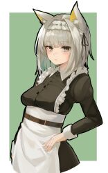 Rule 34 | 1girl, animal ear fluff, animal ears, apron, arknights, black dress, breasts, brown eyes, character request, closed mouth, collared dress, dress, frilled apron, frills, green background, grey hair, hand on own hip, highres, idashige (walkietalkie), juliet sleeves, kal&#039;tsit (arknights), long sleeves, looking at viewer, medium breasts, puffy sleeves, solo, two-tone background, white apron, white background
