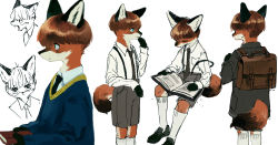 Rule 34 | 1boy, absurdres, animal ears, animal nose, aqua eyes, backpack, bag, black coat, black fur, black necktie, blue sweater, bob cut, body fur, book, breast pocket, brown fur, brown hair, child, closed mouth, coat, collared shirt, fangs, fox ears, fox girl, fox tail, from behind, furry, furry male, green footwear, grey shorts, hand to own mouth, hand up, highres, holding, holding book, kneehighs, long sleeves, looking at viewer, looking down, male focus, mayumochini, multiple views, necktie, open book, open mouth, original, partially colored, pocket, shirt, shirt tucked in, shoes, short hair, shorts, sideways mouth, simple background, sitting, sketch, snout, socks, standing, suspender shorts, suspenders, suspenders slip, sweater, tail, upper body, white background, white fur, white legwear, white shirt