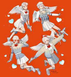 4girls angel_wings beret blue_gloves blue_shirt bow bowtie braid bulletproof_vest chiyo_(love-bullet) crumby_joy cupid dual_wielding ena_(love-bullet) explosive feathered_wings fingerless_gloves gloves grenade gun hair_bow hair_ornament hairclip handgun hat heart heart-shaped_eyewear highres holding holding_grenade holding_gun holding_weapon jacket kanna_(love-bullet) knee_pads koharu_(love-bullet) long_hair looking_at_viewer love-bullet medium_hair multicolored_hair multiple_girls open_clothes open_jacket pleated_skirt ponytail red_background red_bow red_bowtie red_eyes red_hair shirt short_twintails simple_background single_braid skirt streaked_hair submachine_gun twintails twitter_username weapon white_hair white_shirt white_skirt wings