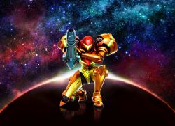 Rule 34 | 1girl, arm cannon, metroid, nintendo, official art, on one knee, planet, power suit, samus aran, solo, space, star (sky), star (symbol), varia suit, weapon
