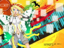 Rule 34 | alternate costume, asano ame, bangle, blonde hair, blue eyes, bracelet, character name, elbow gloves, fingerless gloves, gloves, headphones, jewelry, kagamine rin, kagamine rin (append), navel, open mouth, short hair, shorts, suspenders, vocaloid, vocaloid append
