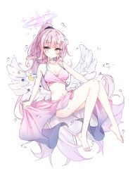 Rule 34 | 1girl, angel wings, bare arms, bare legs, bare shoulders, barefoot, beliatan, bikini, blue archive, blush, breasts, cleavage, closed mouth, crescent, crescent pin, feathered wings, full body, highres, large breasts, long hair, looking at viewer, mika (blue archive), navel, pink bikini, pink hair, pink sarong, simple background, smile, solo, swimsuit, toes, white background, white wings, wings, yellow eyes
