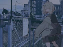 1girl :d apartment black_skirt blonde_hair building chain-link_fence fence grass highres hood hood_down hoodie house muted_color open_mouth original outdoors power_lines railroad_tracks short_hair si_(wooupp) skirt sleeves_past_fingers sleeves_past_wrists smile solo teeth tree upper_teeth_only yellow_eyes