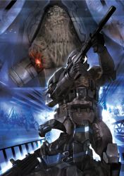 Rule 34 | 2boys, alien, armor, dutch (halo), gas mask, gun, halo (game), halo (series), mask, multiple boys, odst, power armor, power suit, romeo (halo), skull and crossbones, spoilers, submachine gun, unggoy (halo), weapon
