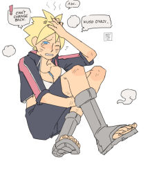 Rule 34 | !, 1girl, ac120, black jacket, black shorts, blonde hair, blue eyes, blush, boruto: naruto next generations, collarbone, collared jacket, crossed ankles, english text, facial mark, female focus, genderswap, genderswap (mtf), hand on own head, highres, jacket, jewelry, knees up, naruto (series), navel, necklace, one eye closed, open clothes, open jacket, parted lips, sandals, shirt, shoe soles, short hair, shorts, simple background, sitting, speech bubble, teeth, toes, uzumaki boruto, wavy mouth, whisker markings, white background, white shirt