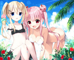 Rule 34 | 2girls, :d, all fours, asymmetrical hair, bare arms, bare shoulders, bikini, black bikini, blonde hair, blue eyes, blue sky, blush, bow, breasts, butt crack, cleavage, cloud, cloudy sky, commentary request, day, double bun, double scoop, flower, food, frilled bikini, frills, hair between eyes, hair bow, hair bun, hair ornament, hairclip, holding, holding food, ice cream, ice cream cone, large breasts, long hair, multiple girls, navel, open mouth, original, outdoors, pink hair, red bow, red eyes, red flower, side-tie bikini bottom, side bun, side ponytail, single side bun, sitting, sky, smile, strap slip, swimsuit, tia-chan, tongue, tongue out, twintails, uchuuneko, very long hair, white bikini