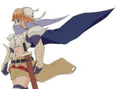 Rule 34 | 1girl, abs, absurdres, armor, belt, black belt, black thighhighs, blonde hair, blue cape, blue eyes, blue scarf, boobplate, breastplate, brown cape, brown skirt, bun cover, cape, commentary, cowboy shot, double bun, english commentary, flat color, gauntlets, hair bun, highres, looking afar, paladin (ragnarok online), pauldrons, ragnarok online, sapphidoll, scabbard, scarf, sheath, shoulder armor, simple background, skirt, solo, thighhighs, waist cape, white background