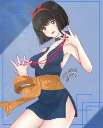 Rule 34 | 1girl, artist request, bare legs, bare shoulders, black hair, bob cut, breasts, cleavage, dress, hairband, inuyasha, large breasts, lips, lipstick, looking at viewer, makeup, no bra, no panties, red eyes, revealing clothes, sakasagami no yura, shiny clothes, shiny skin, short dress, simple background, solo, wide hips