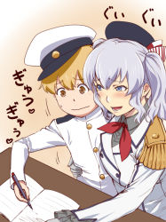 Rule 34 | 1boy, 1girl, admiral (kancolle), blonde hair, blue eyes, blush, book, brown eyes, epaulettes, gloves, grey gloves, grey hair, hat, hetero, holding, holding pen, hug, ishii hisao, jacket, kantai collection, kashima (kancolle), little boy admiral (kancolle), long sleeves, looking at another, military, military uniform, naval uniform, neckerchief, open book, pen, pink background, red neckerchief, smile, sweatdrop, table, twintails, uniform, wavy mouth, white jacket