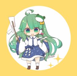 Rule 34 | 1girl, :d, ahoge, blue skirt, brown footwear, chibi, dated, detached sleeves, fang, frog hair ornament, full body, gohei, green eyes, green hair, hair ornament, hair tubes, holding, holding stick, kochiya sanae, long hair, looking at viewer, one-hour drawing challenge, open mouth, shirt, simple background, skirt, smile, snake hair ornament, solo, standing, stick, touhou, yaco (nuitnotte), yellow background