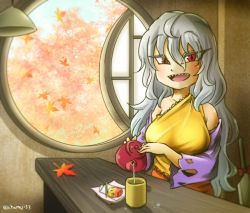 Rule 34 | 1girl, breasts, ceiling light, chamaji, chopsticks, cleaver, commentary request, cup, detached sleeves, diamond-shaped pupils, diamond (shape), food, frills, green tea, grey hair, hair between eyes, highres, indoors, leaf, long hair, looking at viewer, open window, plate, pouring, red eyes, sakata nemuno, sharp teeth, single strap, solo, symbol-shaped pupils, table, tea, teapot, teeth, touhou, tree, very long hair, window, yunomi