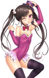 Rule 34 | 1girl, ;o, arm up, asymmetrical legwear, bare shoulders, black hair, black thighhighs, blush, bow, bowtie, breasts, chloe (sennen sensou aigis), clenched hand, covered navel, detached collar, detached sleeves, eyebrows, frilled leotard, frills, from side, gauntlets, hair ribbon, hand on headwear, hand up, hat, heart, highleg, highleg leotard, highres, lambda (kusowarota), legs apart, leotard, lisette (sennen sensou aigis), long hair, looking at viewer, mini hat, mini top hat, one eye closed, open mouth, purple eyes, red bow, red bowtie, ribbon, sennen sensou aigis, sidelocks, small breasts, solo, spoken heart, standing, strapless, strapless leotard, striped clothes, striped thighhighs, surprised, thighhighs, thighs, top hat, twintails, uneven legwear, very long hair