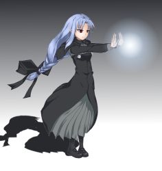 Rule 34 | 00s, 1girl, alternate hairstyle, black dress, blue hair, braid, dress, gradient background, grey background, len (tsukihime), long hair, magic, melty blood, pointy ears, red eyes, solo, sugi0323, tsukihime, very long hair, white background