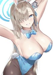 Rule 34 | 1girl, absurdres, animal ears, armpits, arms up, asuna (blue archive), asuna (bunny) (blue archive), blue archive, blue eyes, blue leotard, bow, bowtie, breasts, detached collar, fake animal ears, gloves, hair over one eye, halo, highres, large breasts, leotard, light brown hair, long hair, mole, mole on breast, mono (mo n mno), official alternate costume, pantyhose, playboy bunny, rabbit ears, solo, swept bangs, white gloves