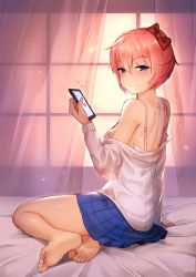 Rule 34 | 1girl, artist request, barefoot, blouse, blue eyes, blue skirt, blush, bra, breasts, cellphone, cleavage, clothes pull, day, doki doki literature club, feet, full body, hair between eyes, hair ribbon, heart, highres, indoors, light rays, on bed, orange hair, phone, pink bra, ribbon, sayori (doki doki literature club), shirt, shirt pull, sitting, skirt, smartphone, soles, solo, sunlight, toes, underwear, white shirt, window