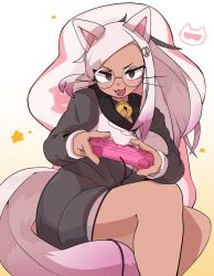Rule 34 | 1girl, :3, animal ears, asutoro (s--t), bell, black eyes, blush, breasts, cat ears, cat girl, cat tail, commission, controller, dark-skinned female, dark skin, game controller, hair ornament, highres, holding, holding controller, holding game controller, hood, hoodie, large breasts, long hair, looking at viewer, neck bell, open mouth, original, pink hair, ponytail, sanpaku, simple background, skeb commission, solo, star (symbol), tail, whiskers