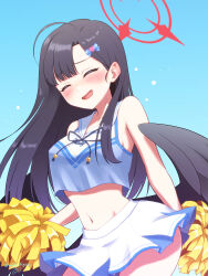Rule 34 | 1girl, absurdres, ahoge, black hair, black wings, blue archive, blush, breasts, cheering, cheerleader, closed eyes, cowboy shot, feathered wings, halo, highres, holding, holding pom poms, ichika (blue archive), long hair, low wings, m-shiganai, medium breasts, navel, open mouth, pom pom (cheerleading), pom poms, revision, sailor collar, signature, solo, twitter username, white sailor collar, wings