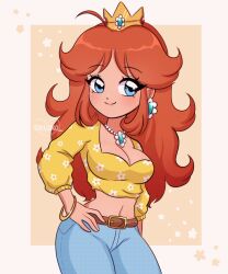 Rule 34 | 1990s (style), 1girl, absurdres, belt, blue eyes, blue pants, blush, bracelet, breasts, brown belt, brown hair, chellyko, cleavage, collarbone, crown, denim, earrings, floral background, floral print, flower earrings, freckles, hand on own hip, highres, jeans, jewelry, large breasts, long hair, long sleeves, mario (series), midriff, navel, necklace, nintendo, pants, princess daisy, print shirt, retro artstyle, shirt, smile, standing, super mario land, yellow background, yellow shirt