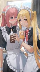 Rule 34 | 2girls, apron, black bow, black bowtie, black dress, blonde hair, blue eyes, blush, bocchi the rock!, bow, bowtie, cube hair ornament, dress, drink, drinking, gotoh hitori, hair ornament, highres, holding, holding drink, ijichi nijika, jyugomio, long hair, looking at another, looking at viewer, maid, maid apron, maid headdress, multiple girls, nervous, orange eyes, pink hair, polka dot bowtie, red bow, red bowtie, side ahoge, side ponytail, smile, white wrist cuffs, wrist cuffs