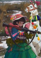 Rule 34 | 1girl, absurdres, alpaca, animal, belt, blurry, blurry background, brown hair, closed mouth, dress, gloves, grass, green gloves, green skirt, grenade launcher, hat, highres, holding, holding weapon, long sleeves, looking at viewer, medium hair, orange eyes, original, outdoors, polilla, rocket launcher, rpg, rpg-7, rpg (weapon), skirt, solo, standing, weapon
