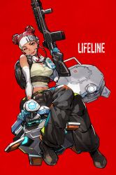 Rule 34 | 1girl, animification, apex legends, black pants, blue gloves, breasts, brown eyes, brown footwear, brown hair, brown tank top, commentary request, d.o.c. health drone, dark-skinned female, dark skin, detached sleeves, double bun, english text, g7 scout, gloves, gun, hair bun, headband, headset, highres, holding, lifeline (apex legends), loose clothes, mask, unworn mask, medium breasts, mika pikazo, navel, official art, one eye closed, open mouth, pants, red background, rifle, simple background, sitting, solo, tank top, teeth, trigger discipline, weapon, white headband, white mask