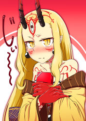 Rule 34 | 1girl, absurdres, bare shoulders, blonde hair, blush, claws, earrings, fate/grand order, fate (series), female focus, highres, horns, ibaraki douji (fate), japanese clothes, jewelry, kimono, long hair, looking at viewer, monster girl, off shoulder, oni, oni horns, pointy ears, short kimono, simple background, slit pupils, solo, tasumetoro, tattoo, wide sleeves, yellow eyes, yellow kimono