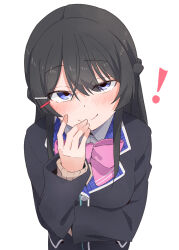 Rule 34 | !, 1girl, black hair, black jacket, blazer, blush, bow, bowtie, eitopondo, hair between eyes, hair ornament, hairclip, half-closed eyes, hand to own mouth, highres, jacket, looking at viewer, naughty face, nijisanji, pink bow, pink bowtie, plaid, purple eyes, school uniform, seductive smile, smile, tsukino mito, tsukino mito (1st costume), upper body, upturned eyes, white background