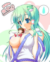 Rule 34 | 2girls, bad id, bad pixiv id, bow, breasts, cleavage, covered erect nipples, detached sleeves, female focus, frog, giant, giantess, green eyes, green hair, hair bow, hair ornament, hakurei reimu, japanese clothes, kochiya sanae, large breasts, long hair, miko, mini person, minigirl, multiple girls, nipples, open clothes, open shirt, sch, shirt, snake, sweatdrop, touhou