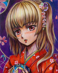 Rule 34 | 1girl, alternate costume, ball, blonde hair, cherry blossoms, fang, fingernails, flandre scarlet, floral print, flower, hair flower, hair ornament, head tilt, japanese clothes, kimono, lips, looking at viewer, nail polish, oil painting (medium), open mouth, painting (medium), purple background, red eyes, short hair, side ponytail, simple background, solo, tafuto, temari ball, touhou, traditional media, upper body