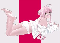 Rule 34 | 1girl, ahoge, ass, barefoot, double bun, dress shirt, feet, glasses, hair bun, kantai collection, long hair, long sleeves, looking at viewer, lying, makigumo (kancolle), off shoulder, ojipon, on stomach, panties, parted lips, pink hair, shirt, sidelocks, simple background, solo, twintails, two-tone background, underwear, white panties, white shirt, yellow eyes