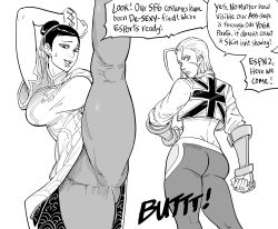 Rule 34 | 2girls, absurdres, ahoge, ass, bb (baalbuddy), breasts, cammy white, capcom, chun-li, commentary, dimples of venus, english commentary, english text, esports, facial scar, facing away, gauntlets, greyscale, highres, leg lift, looking back, monochrome, multiple girls, scar, scar on cheek, scar on face, simple background, speech bubble, street fighter, street fighter 6, union jack, white background