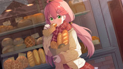 Rule 34 | 1girl, ame., bag, bakery, bread, brown jacket, closed mouth, commentary request, eating, food, green eyes, hair between eyes, highres, holding, holding food, hololive, jacket, long hair, long sleeves, low twintails, open clothes, open jacket, paper bag, pink hair, plaid, plaid scarf, plaid skirt, puffy long sleeves, puffy sleeves, red scarf, red skirt, sakura miko, sakura miko (casual), scarf, shop, skirt, sleeves past wrists, solo, twintails, very long hair, virtual youtuber, window