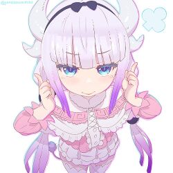 Rule 34 | 1girl, black hairband, blue eyes, blunt bangs, blush, capelet, closed mouth, dragon girl, dragon horns, gradient hair, hairband, horns, kanna kamui, kobayashi-san chi no maidragon, light purple hair, looking at viewer, low twintails, multicolored hair, simple background, thighhighs, twintails, white background, white thighhighs, yonezawa mao