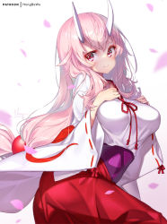 Rule 34 | 1girl, breasts, closed mouth, hong (white spider), horns, japanese clothes, large breasts, long hair, looking at viewer, miko, oni, oni horns, patreon username, petals, pink eyes, pink hair, shuna (tensei shitara slime datta ken), signature, smile, solo, tensei shitara slime datta ken, thick eyebrows, wide sleeves