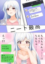 Rule 34 | 1girl, aldehyde, bare arms, bare shoulders, blush, brown eyes, cellphone, collarbone, comic, covering own mouth, expressive clothes, hair ornament, hairclip, highres, long hair, neeko (aldehyde), original, parted lips, phone, silver hair, smartphone, tank top, translation request, uneven eyes, upper body