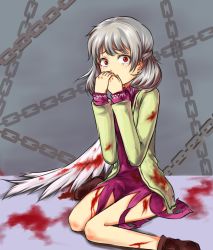 Rule 34 | 1girl, bad id, bad pixiv id, bare legs, beikeice, blood, blood on clothes, blood stain, bloody wings, chain, commentary request, covering own mouth, dress, gradient background, jacket, kishin sagume, red eyes, short dress, short hair, silver hair, single wing, solo, tears, touhou, wings