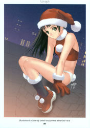 Rule 34 | 00s, 1girl, 2004, ankle boots, bare shoulders, black eyes, black hair, boots, breasts, christmas, covered erect nipples, gloves, half-shirt, hat, highres, legs, long legs, midriff, panties, rabbit tail, red gloves, santa costume, santa hat, scan, signature, sitting, small breasts, socks, solo, tail, tony taka, underwear, white panties