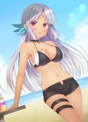 Rule 34 | 1girl, :d, arm behind back, azur lane, bad id, bad pixiv id, bare shoulders, bikini, bikini top only, black bikini, black choker, black shorts, blue sky, blush, breasts, choker, cleavage, cloud, collarbone, dark-skinned female, dark skin, day, drink, drinking straw, facial mark, feather hair ornament, feathers, forehead mark, hair ornament, halterneck, head tilt, highres, lens flare, looking at viewer, massachusetts (azur lane), medium breasts, native american, navel, open fly, open mouth, outdoors, parted bangs, pyonko (pyonko pyonko), shorts, silver hair, sky, smile, solo, straight hair, swimsuit, thigh strap