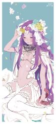 Rule 34 | 1girl, blush, breasts, dress, fate/grand order, fate (series), gorgon (fate), head wreath, highres, long hair, looking down, medusa (fate), medusa (lancer) (fate), medusa (rider) (fate), music like art, open clothes, open dress, parted bangs, purple eyes, purple hair, revealing clothes, rider, sitting, small breasts, solo, very long hair, wariza, white dress