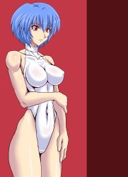 Rule 34 | 1girl, ayanami rei, bare arms, bare shoulders, blue hair, breasts, covered navel, curvy, female focus, highres, leotard, neon genesis evangelion, red eyes, shiny skin, short hair, solo, taroimo (00120014)