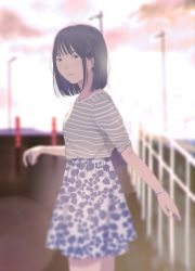 Rule 34 | 1girl, black hair, blurry, blurry background, bracelet, child, closed mouth, day, fashion, floral print, green eyes, green shirt, hair ornament, hairclip, hanasaki-ki, high-waist skirt, highres, jewelry, looking at viewer, original, outdoors, outstretched arms, railing, shirt, short hair, skirt, spread arms, standing, striped clothes, striped shirt, sunlight, white skirt