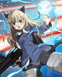 Rule 34 | 1girl, animal ears, artist request, blonde hair, blush, buttons, cat ears, cat tail, glasses, gluteal fold, gun, long hair, machine gun, magic, official art, panties, panties under pantyhose, pantyhose, perrine h. clostermann, strike witches, striker unit, tail, underwear, weapon, white panties, world witches series, yellow eyes