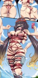 Rule 34 | 1girl, absurdres, bagelbomb, bare shoulders, bdsm, bikini, black hair, blindfold, blush, bondage, bound, breasts, cleavage, fate/grand order, fate (series), gagged, goggles, goggles on head, highres, holster, large breasts, long hair, multi-strapped bikini, multiple boys, multiple views, navel, osakabehime (fate), osakabehime (swimsuit archer) (fate), osakabehime (swimsuit archer) (second ascension) (fate), outdoors, pink bikini, pink scarf, red eyes, scarf, sex toy, shibari, ski goggles, skindentation, solo focus, swimsuit, thigh holster, twintails, very long hair, vibrator, vibrator in thigh strap, wet