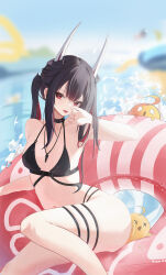 Rule 34 | 1girl, absurdres, azur lane, bikini, black bikini, black choker, black hair, breasts, choker, day, fang, feet out of frame, galodos, hatsuzuki (august&#039;s first romance) (azur lane), hatsuzuki (azur lane), highres, horns, jewelry, long hair, looking at viewer, manjuu (azur lane), multi-strapped bikini bottom, multiple thigh straps, necklace, official alternate costume, outdoors, pink innertube, red eyes, red innertube, skin fang, small breasts, solo, swimsuit, water