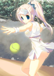 Rule 34 | 1girl, absurdres, bad id, bad nicoseiga id, ball, blue eyes, breasts, covered erect nipples, highres, holding, long hair, mutsuno hekisa, no bra, no panties, original, outstretched arm, pink hair, ponytail, racket, solo, sportswear, sweatband, tennis, tennis ball, tennis racket, tennis uniform, visor cap