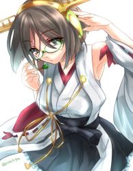 Rule 34 | 10s, 1girl, armpits, black eyes, bow, breasts, brown hair, detached sleeves, female focus, glasses, green-framed eyewear, headgear, headset, kantai collection, kirishima (kancolle), large breasts, looking at viewer, microphone, noguruma, nontraditional miko, pleated skirt, ribbon-trimmed sleeves, ribbon trim, sash, short hair, simple background, skirt, sleeveless, solo, twitter username