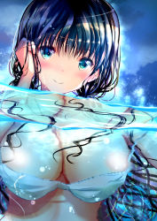 Rule 34 | 1girl, absurdres, bikini, bikini top only, black hair, blue eyes, blush, breasts, cleavage, closed mouth, commentary request, eyelashes, highres, large breasts, long hair, ogata tei, original, outdoors, partially submerged, partially underwater shot, sky, smile, solo, swimsuit, upper body, wardrobe malfunction, white bikini