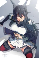 Rule 34 | 10s, 1girl, 2017, black gloves, black hair, blood, blood on face, breasts, coat, commentary request, dated, elbow gloves, fingerless gloves, from above, gloves, hair between eyes, headgear, ikeshita moyuko, kantai collection, large breasts, long hair, looking at viewer, miniskirt, nagato (kancolle), nagato kai ni (kancolle), navel, pleated skirt, red eyes, shadow, sidelocks, skirt, solo, thighhighs, thighs, tongue, tongue out, wiping mouth
