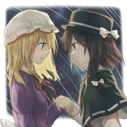 Rule 34 | 2girls, black capelet, blonde hair, bow, brown hair, capelet, closed mouth, commentary, dress, eye contact, fedora, hair bow, hat, hat bow, holding hands, inuko (ink0425), light blush, long hair, long sleeves, looking at another, maribel hearn, medium hair, mob cap, multiple girls, neck ribbon, night, night sky, open mouth, purple dress, red ribbon, ribbon, ribbon-trimmed capelet, shooting star, sky, smile, star (sky), touhou, usami renko, white bow, white headwear, yuri